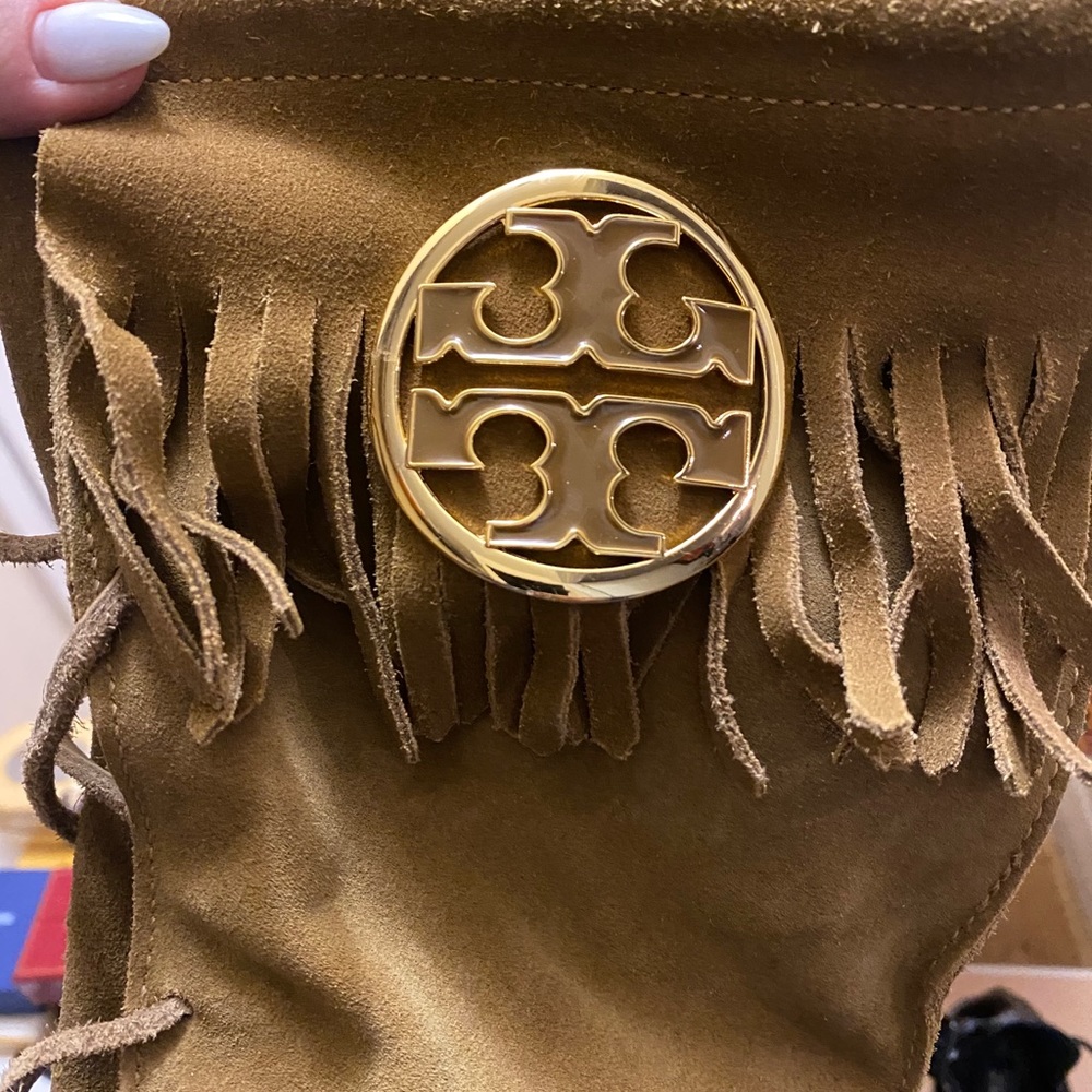 Tory Burch Suede Camel Moccasin Lace up Boots - Picture 14 of 16